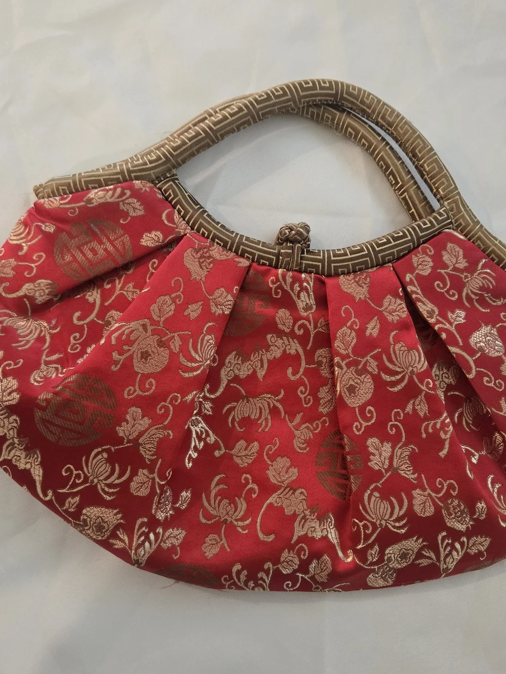 Elegant Red Brocade Handbag with Gold Accents